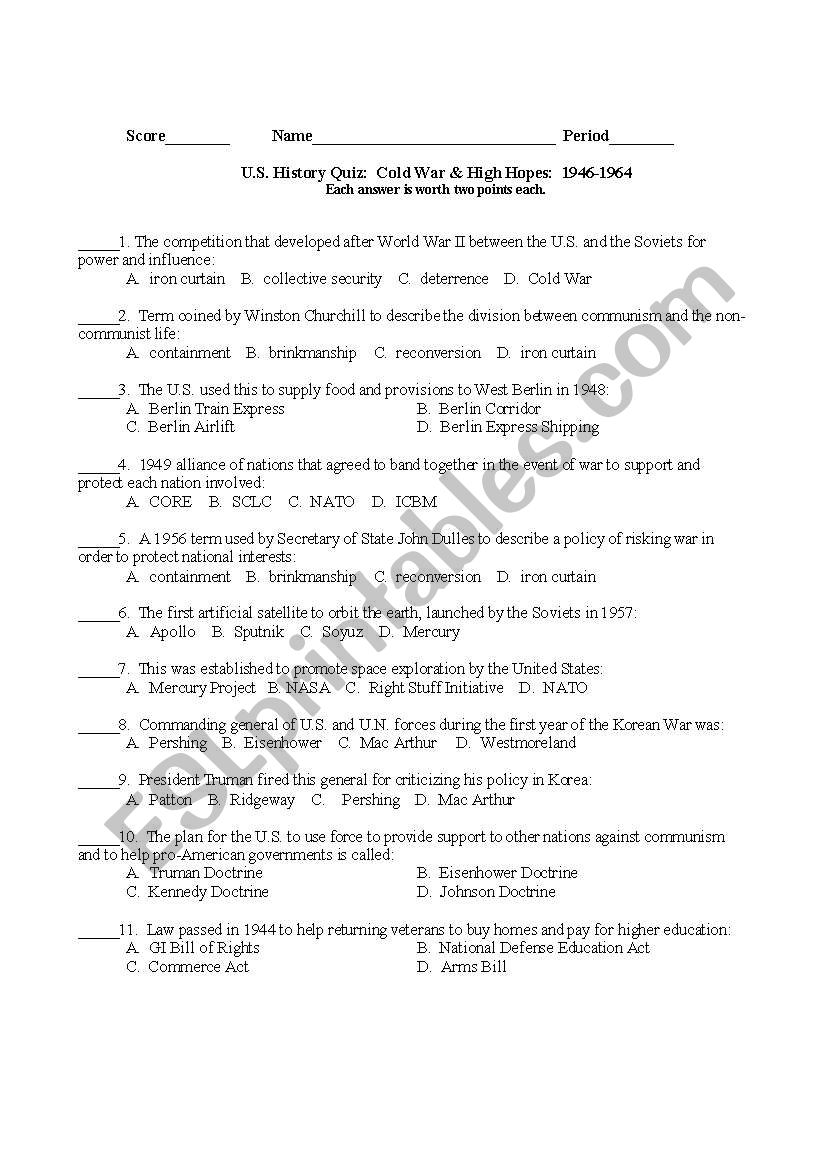 U.S. History Quiz:  Cold War and High Hopes - The 1950s