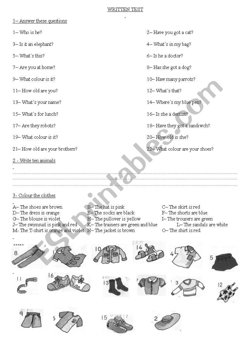 Elementary Test worksheet
