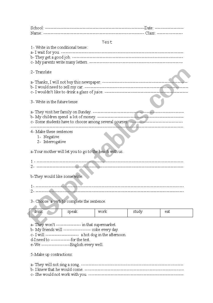 test -future and conditional worksheet