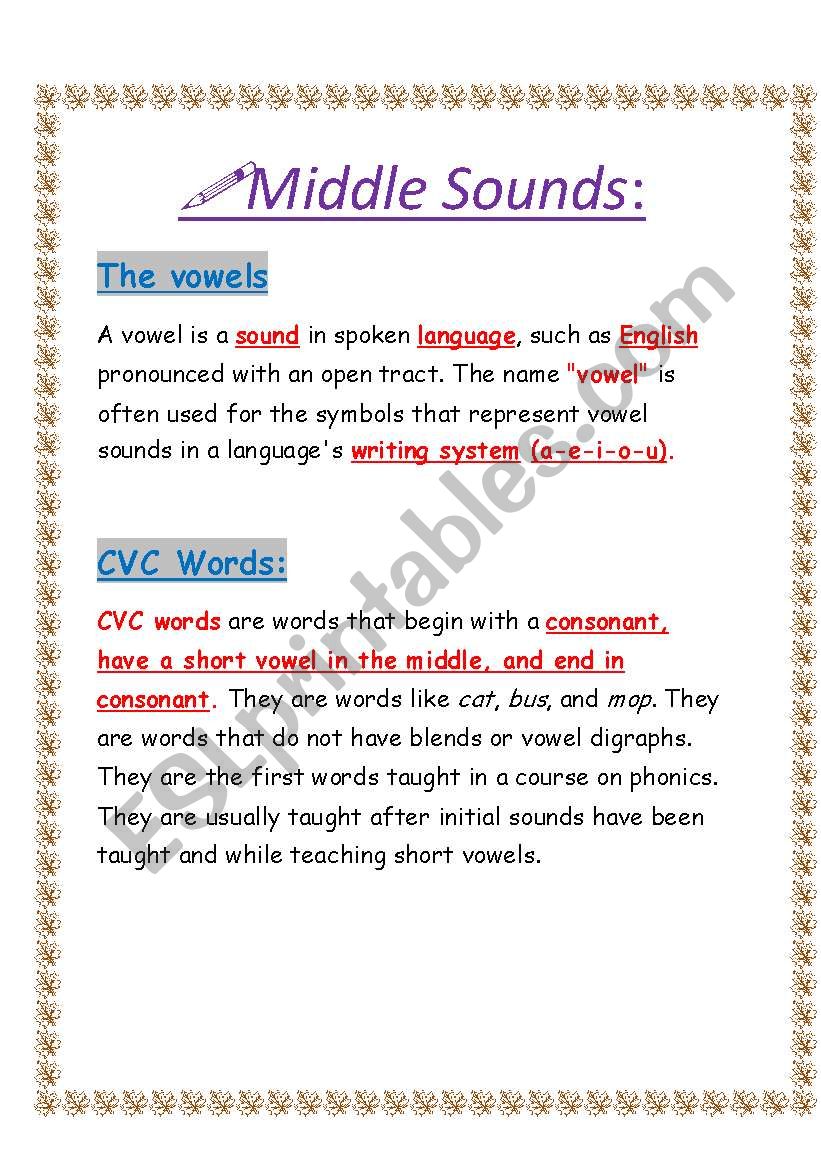 middle sounds mixed exercise worksheet