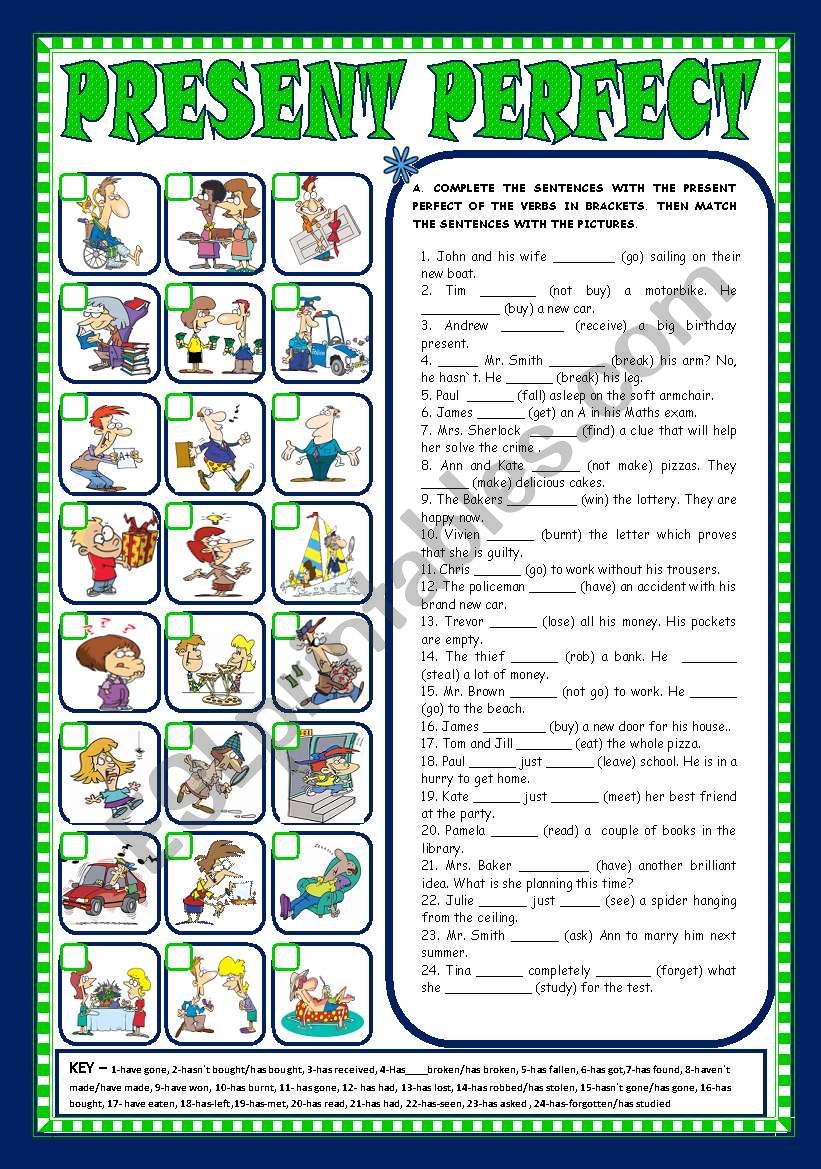 PRESENT PERFECT AFFIRMATIVE NEGATIVE And INTERROGATIVE FORMS KEY 