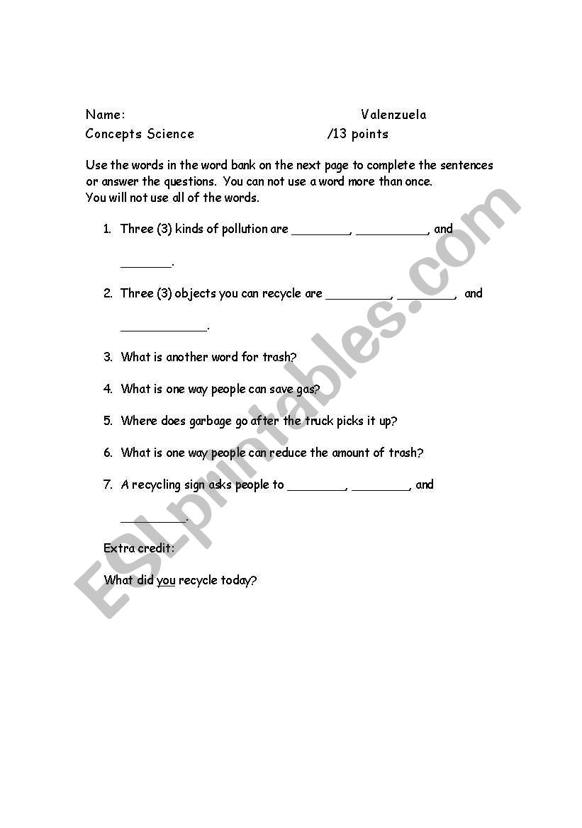 Recycling Vocabulary practice worksheet