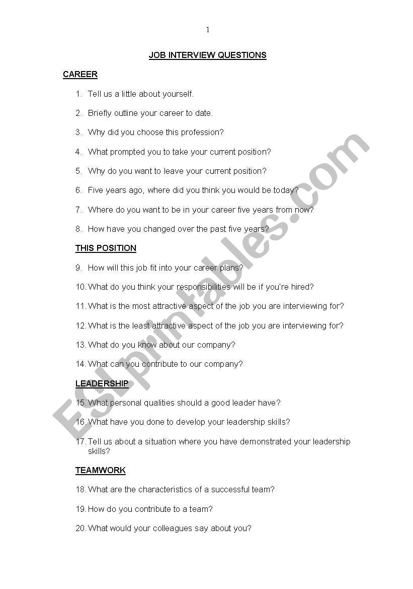 Job Interview Questions worksheet