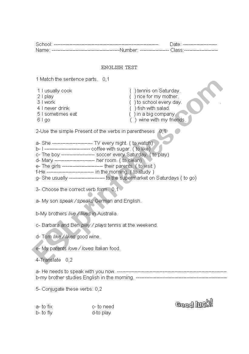 test simple present worksheet