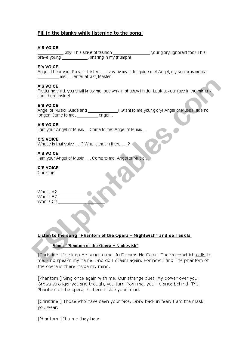 The Phantom of the Opera worksheet