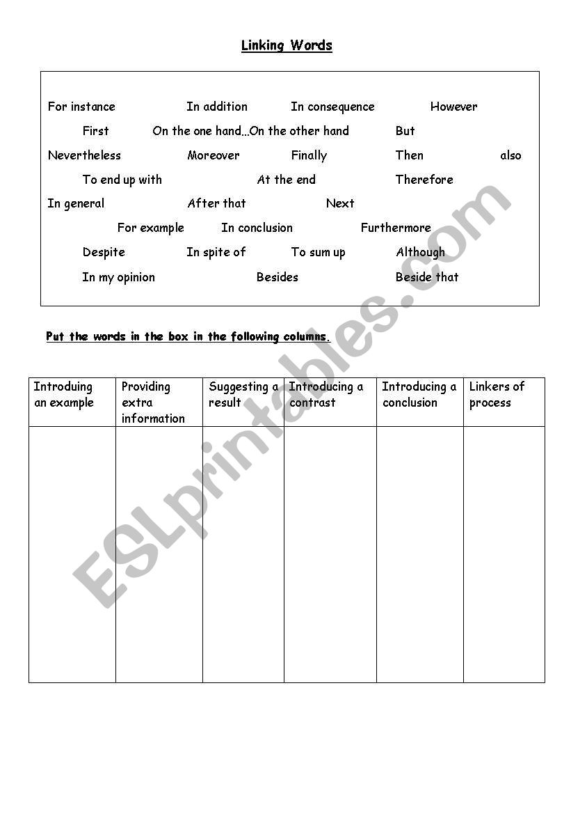 Linking words worksheet