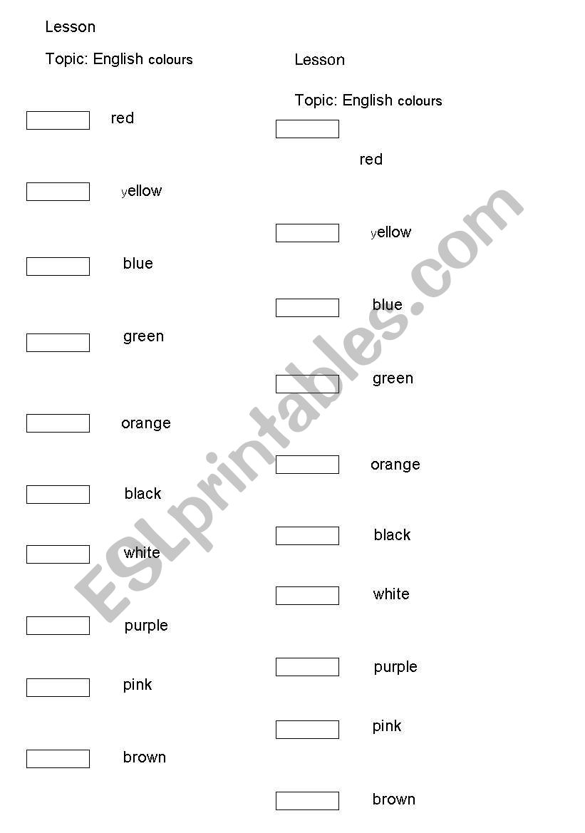 English colours test worksheet