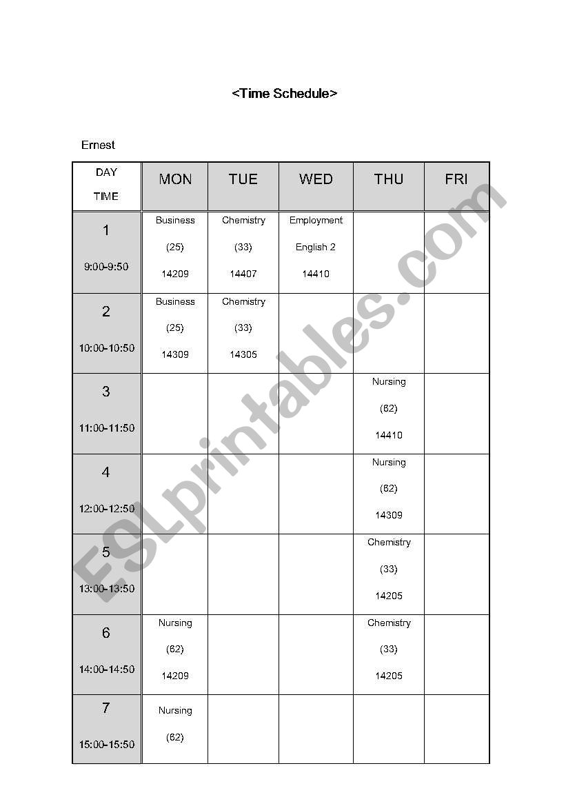 time schedule worksheet