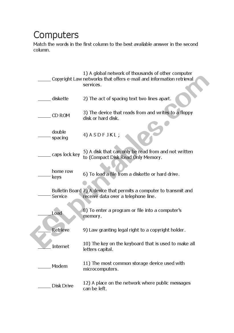 computers vocabulary worksheet