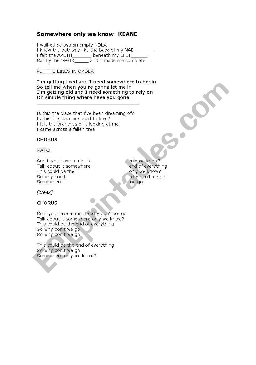 Somewhere only we know- Keane worksheet