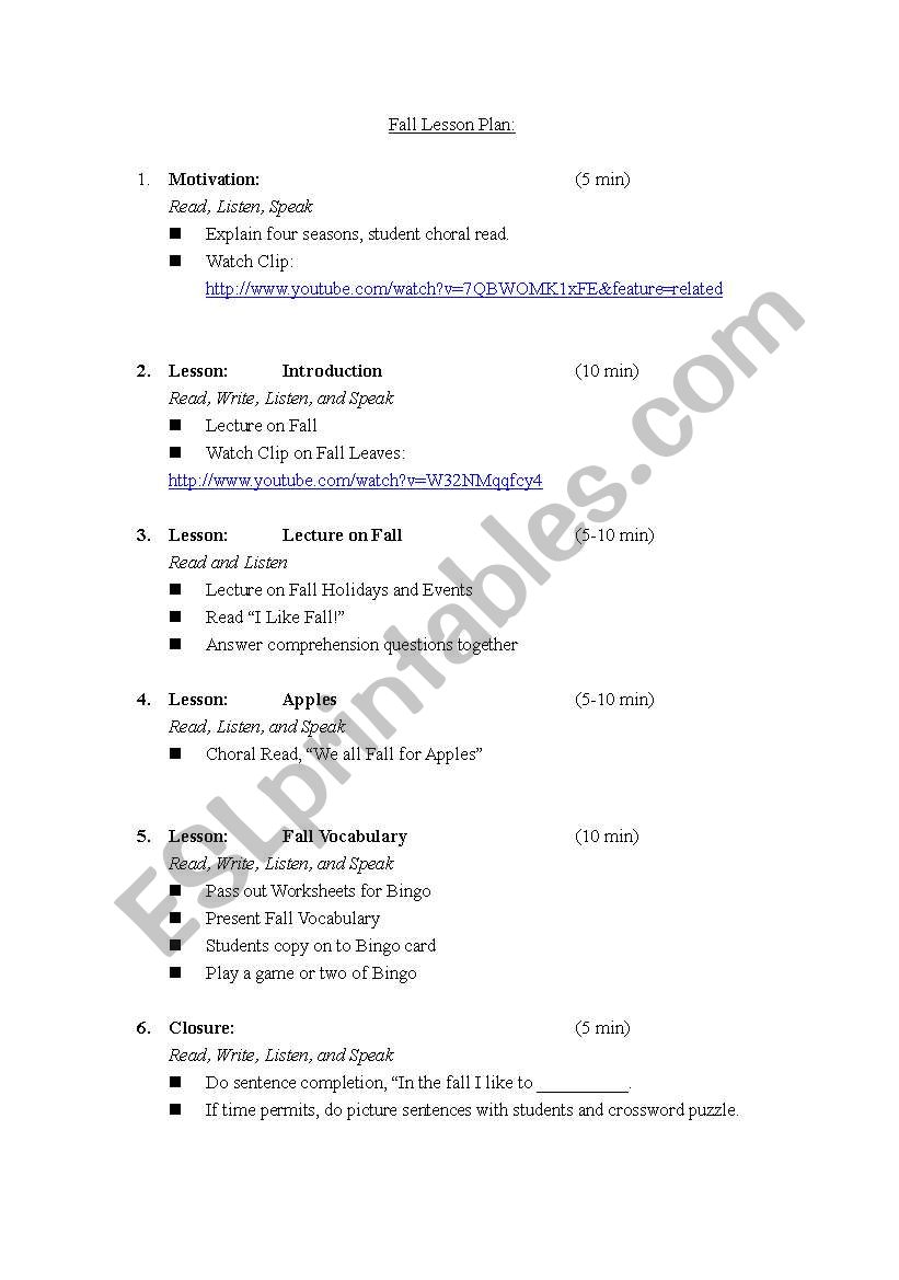 Season:  Fall Lesson Plan worksheet