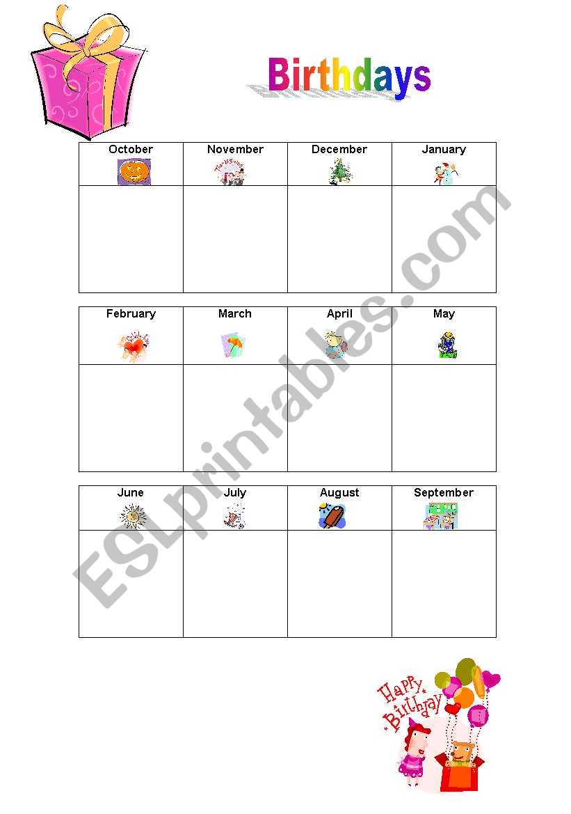 Birthday calendar worksheet