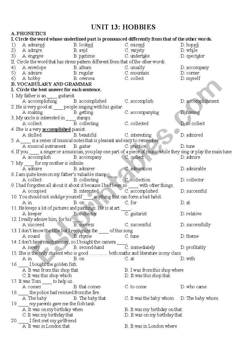 Worksheet related to topic 