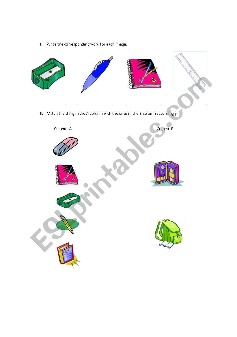 school objects worksheet