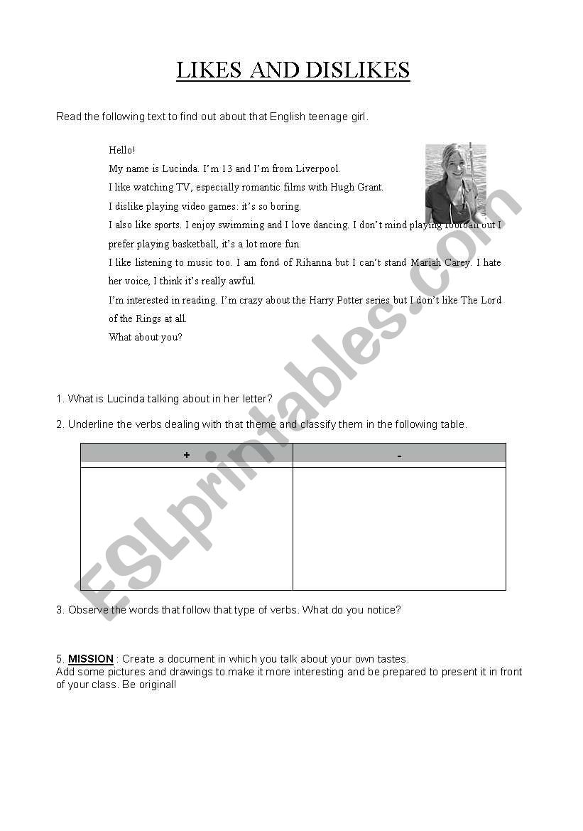 Likes and dislikes worksheet