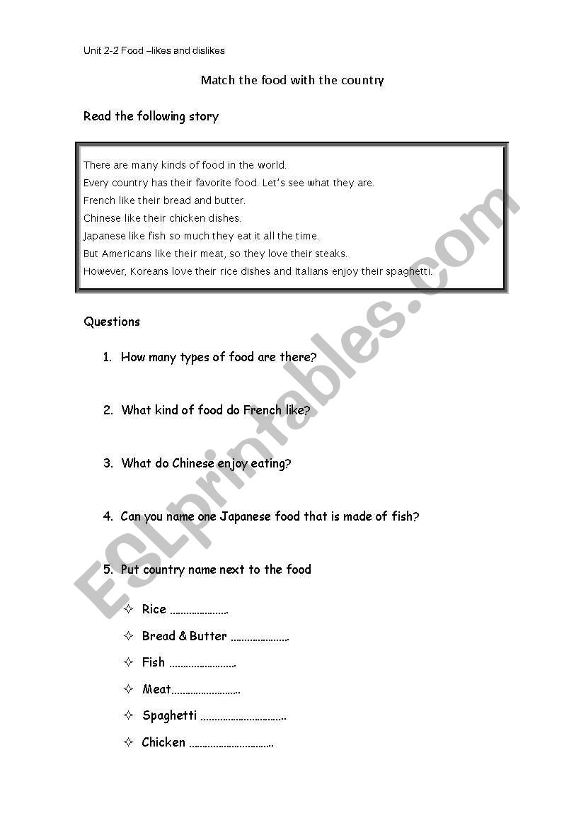 Countries and food worksheet