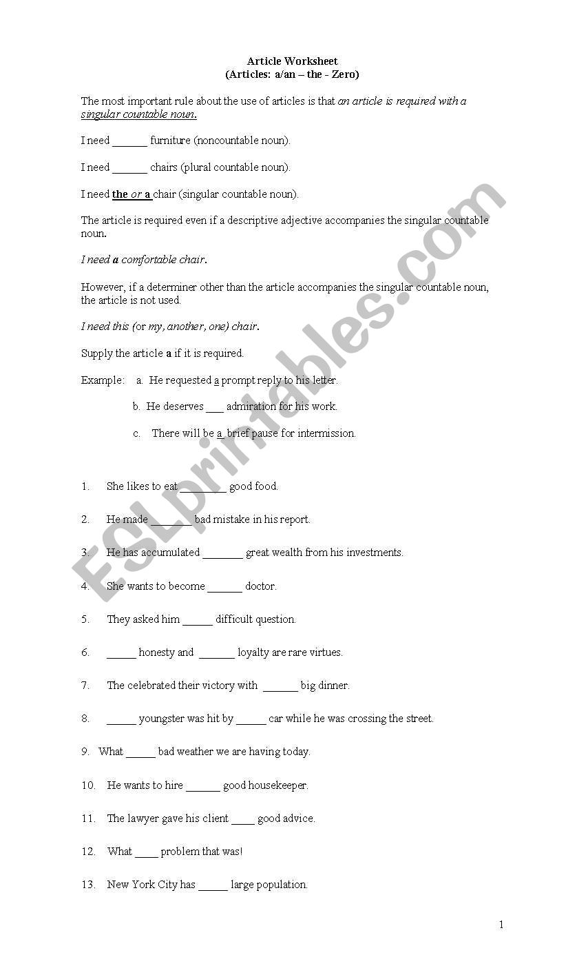 ARTICLES  worksheet