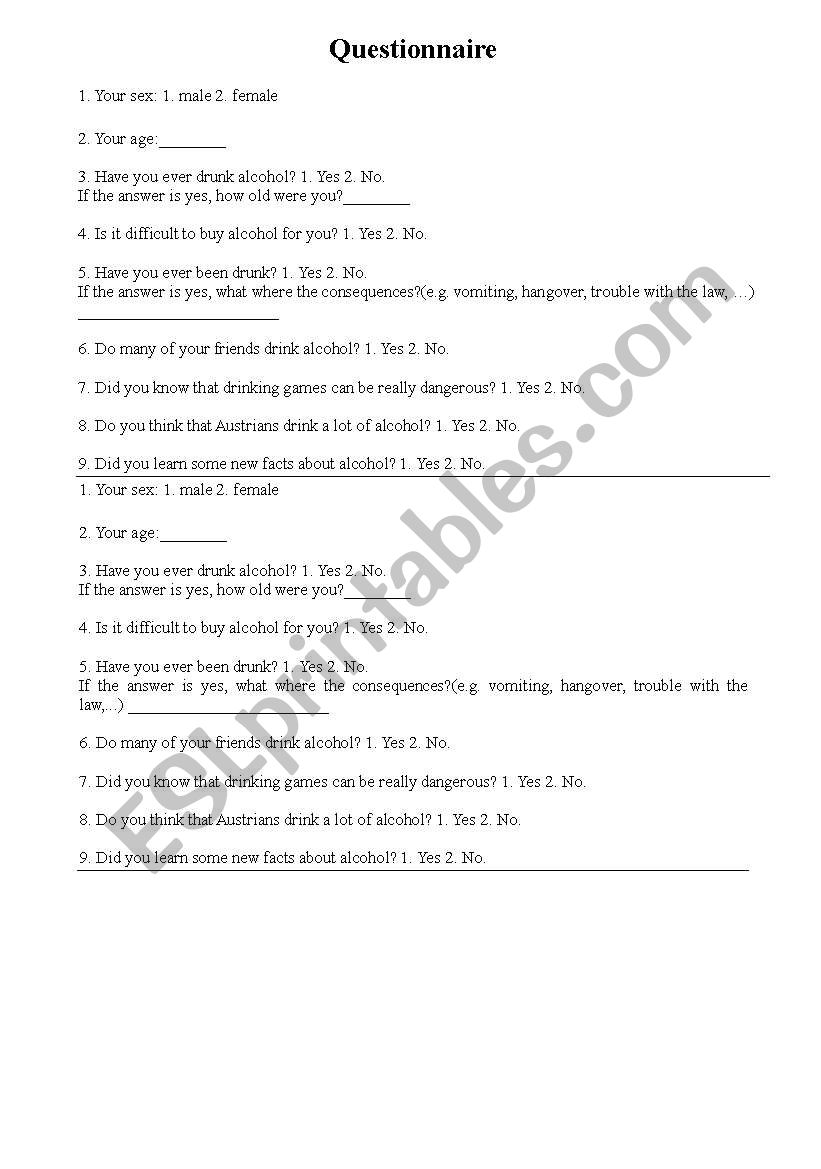 Questionnaire  worksheet