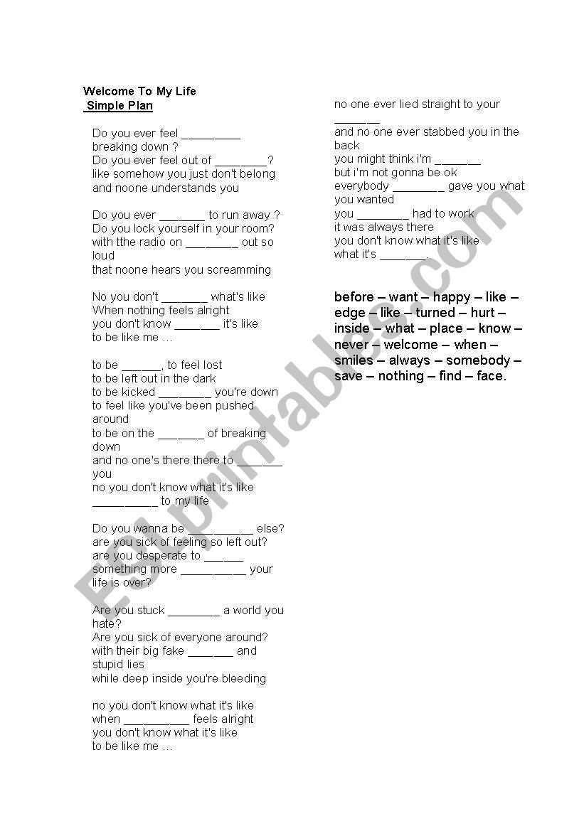 Song - Welcome to my life worksheet