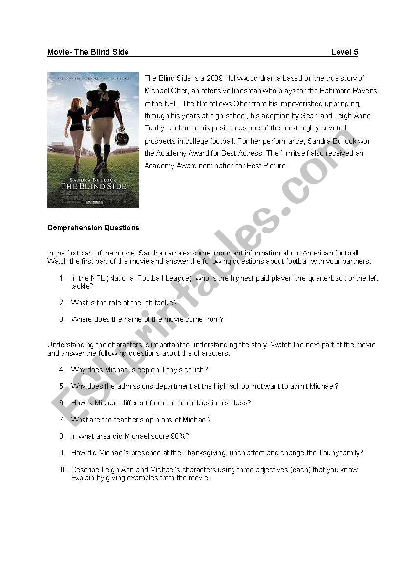 The Blind Side- Comprehension and Discussion Questions - ESL worksheet by  pereira_m