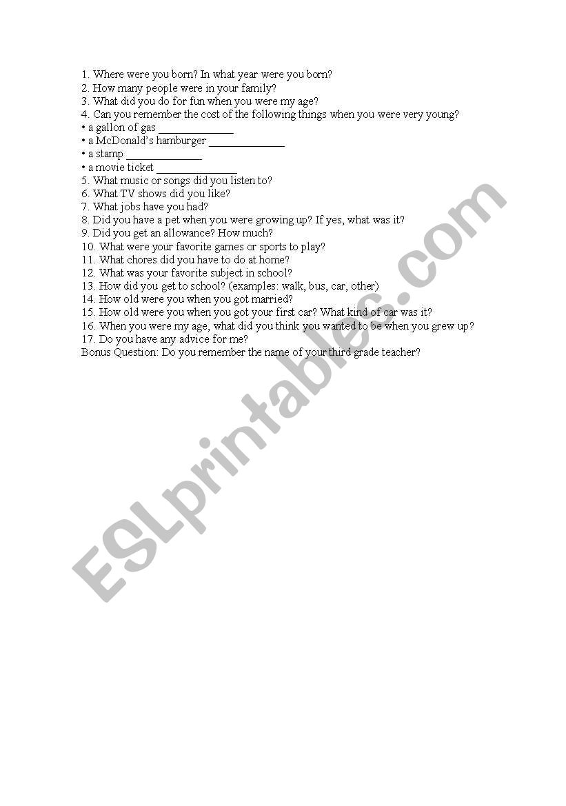 grandparents interview  worksheet