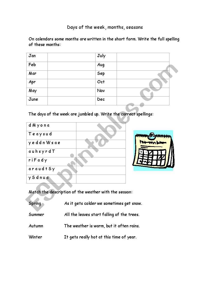 MONTHS, DAYS AND SEASONS !!! worksheet