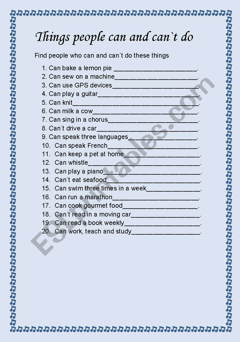 Things people can or cant do worksheet