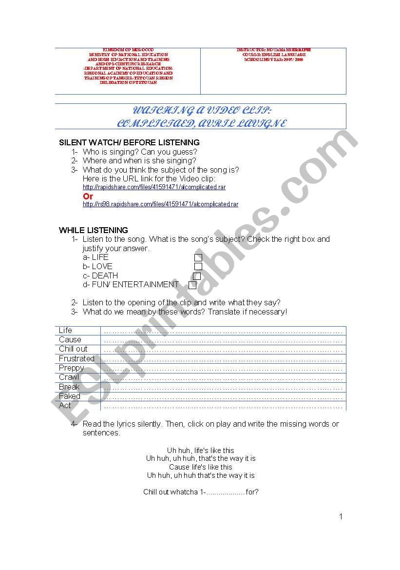 Complicated by Avril Avigne worksheet