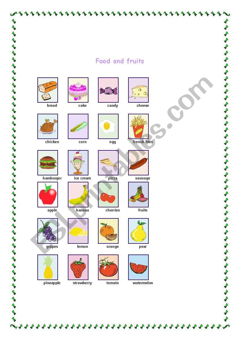 English worksheets: food and fruits