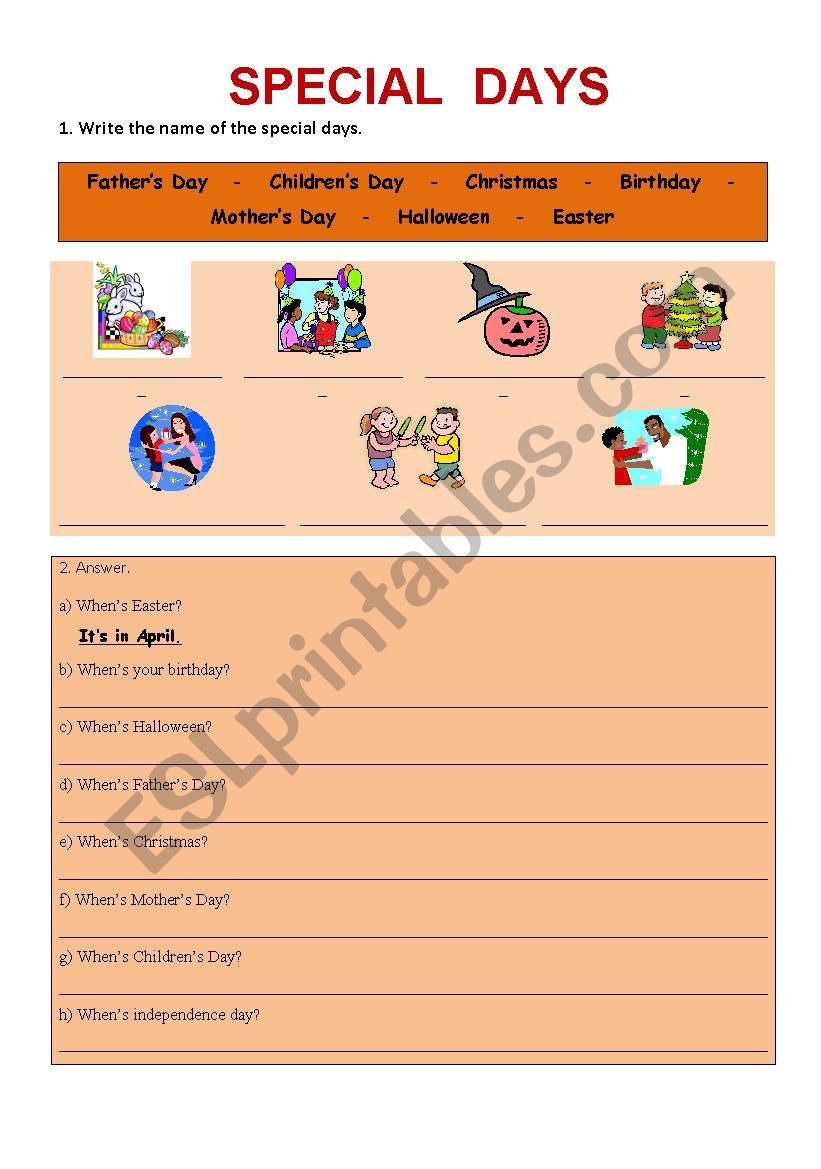 Special days worksheet