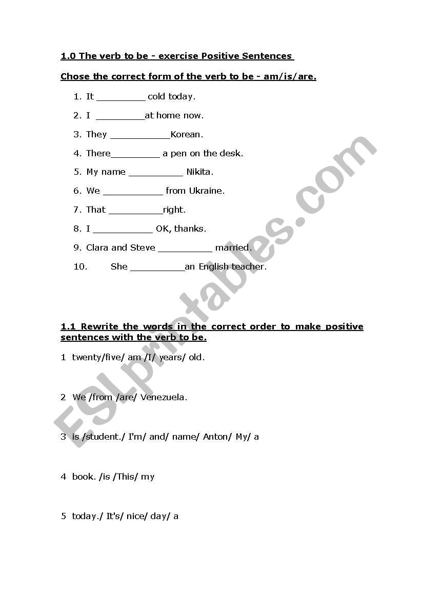 Verb to Be worksheet