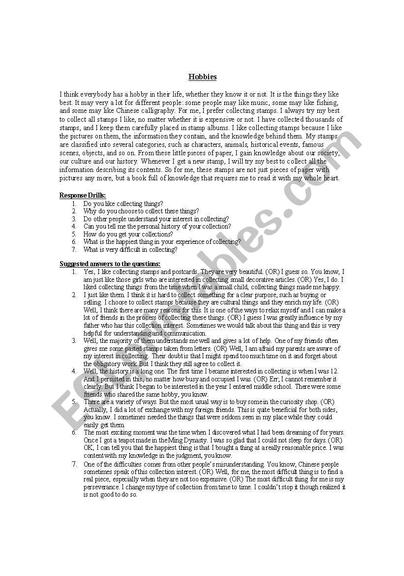 Hobbies- Reading and speaking worksheet