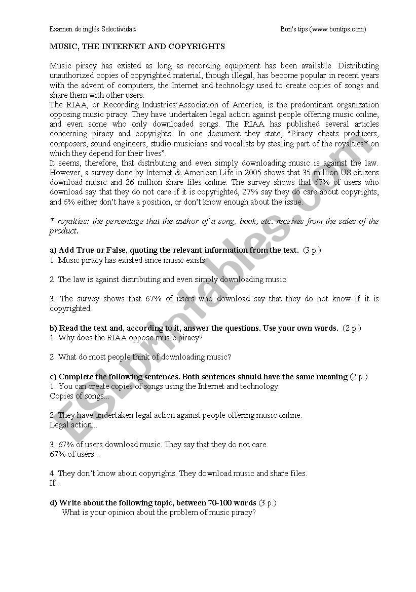 examen de 2 de bachiller worksheet