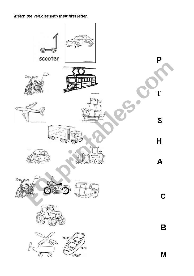 English worksheets: Matching vehicles with their letter