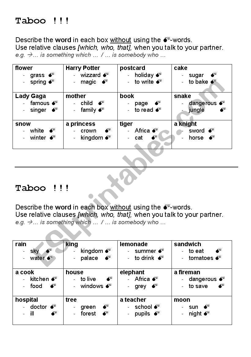 relative clause - Taboo  worksheet