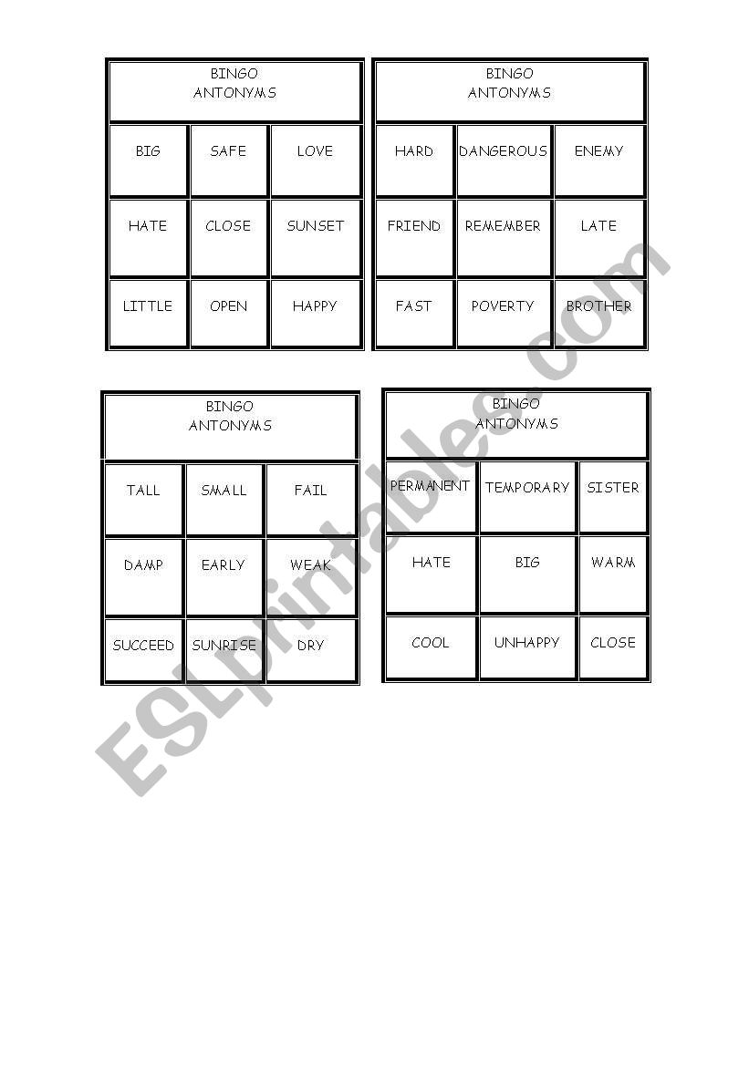 Bingo Antonyms worksheet
