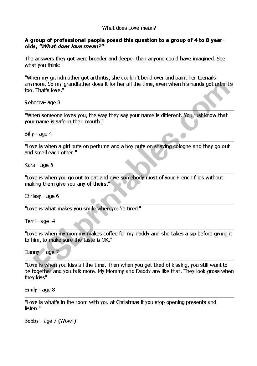 What does love mean? worksheet