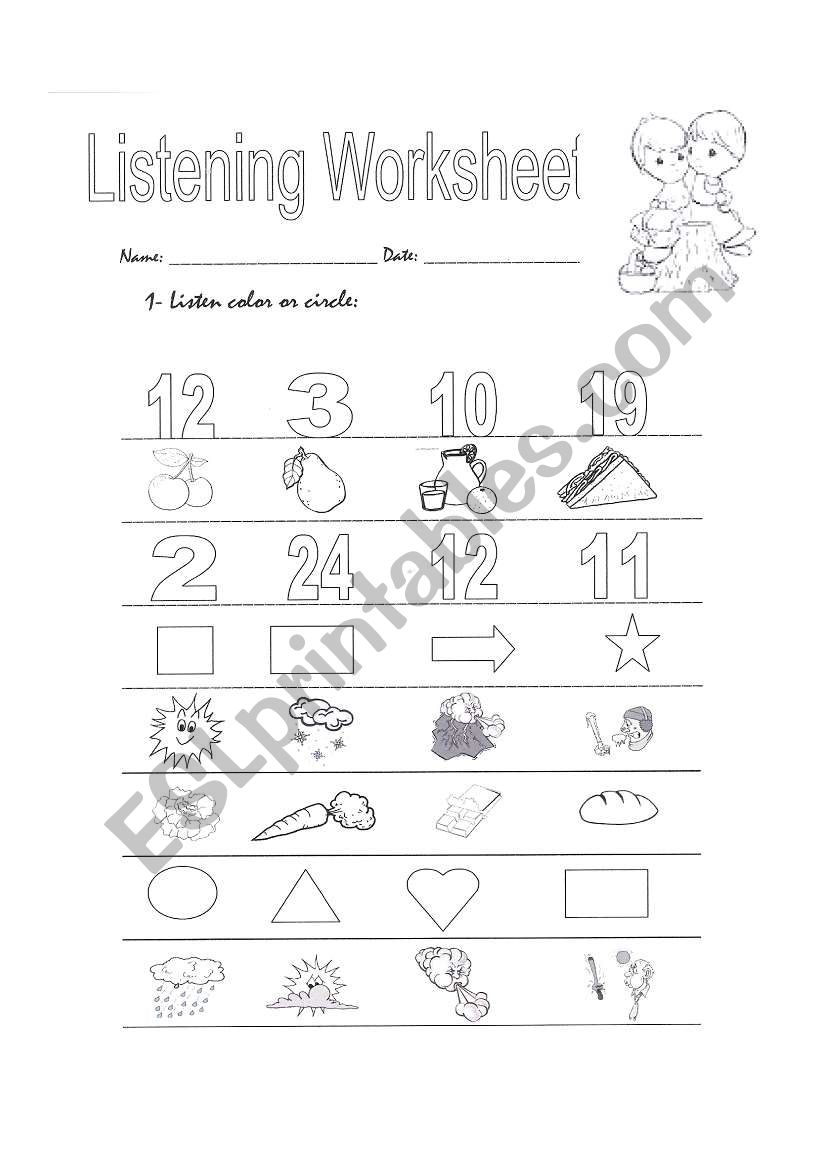 Listening Worksheet (revision of food, shapes and numbers)