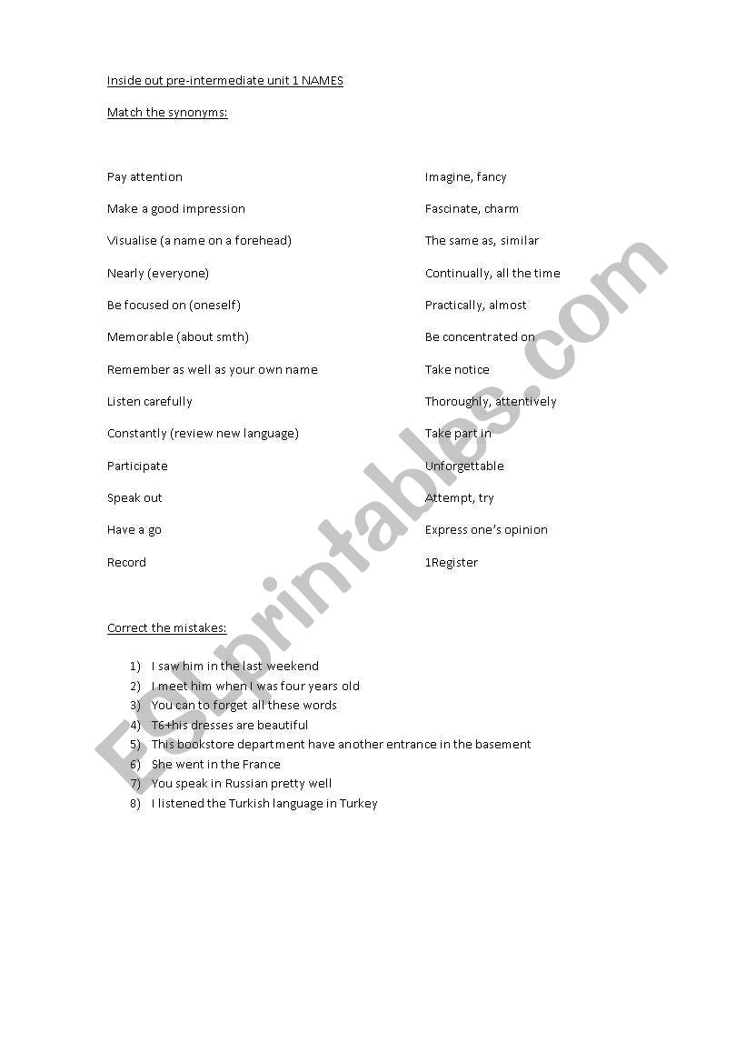 English worksheets: Inside Out pre-intermediate unit 1 vocabulary practice