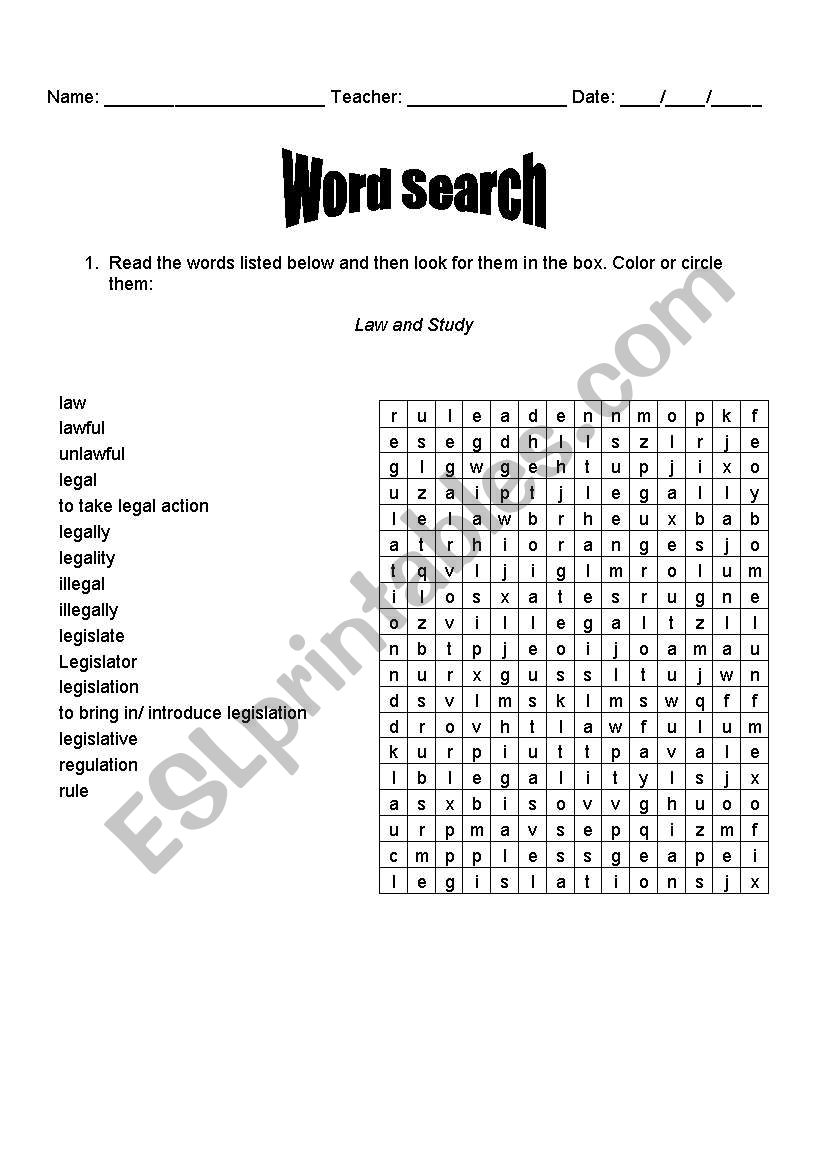 Crossword - Law and rule worksheet