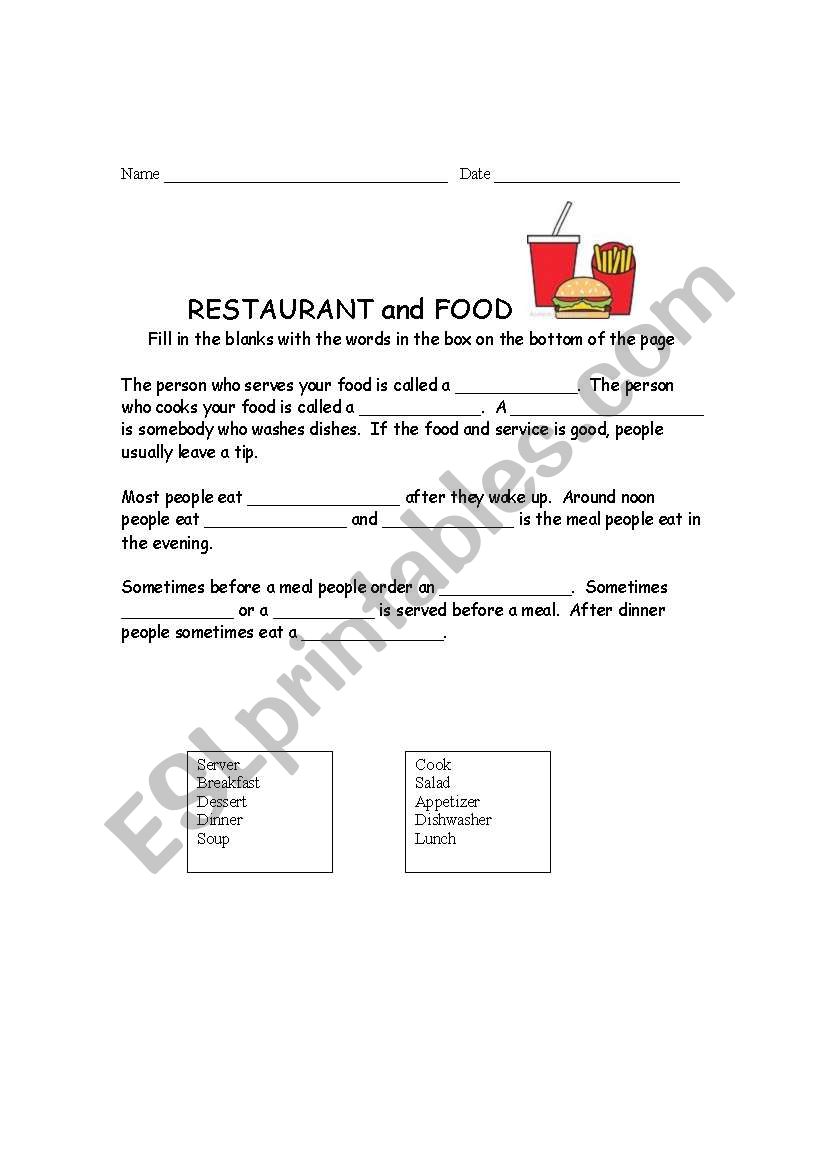 Menu Lesson Cloze worksheet