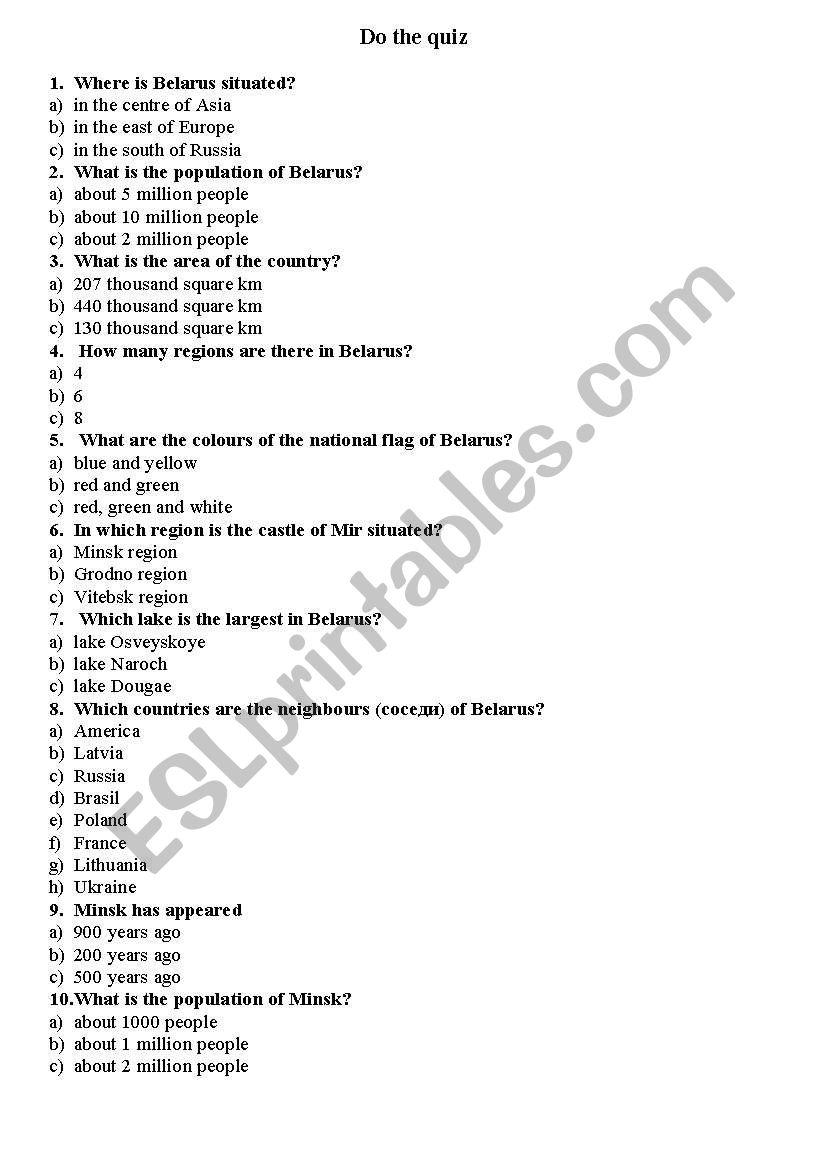 Quiz on Belarus worksheet