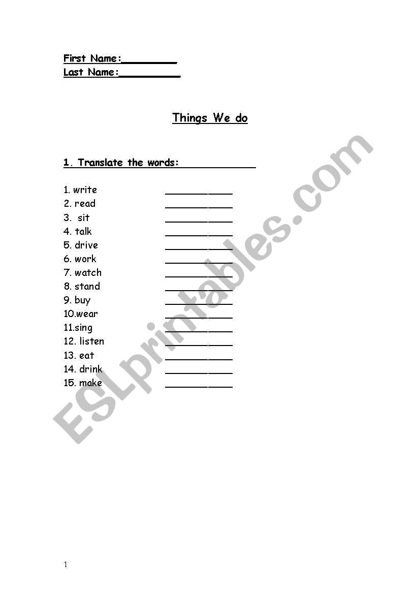 Things we do -Vocabulary  worksheet