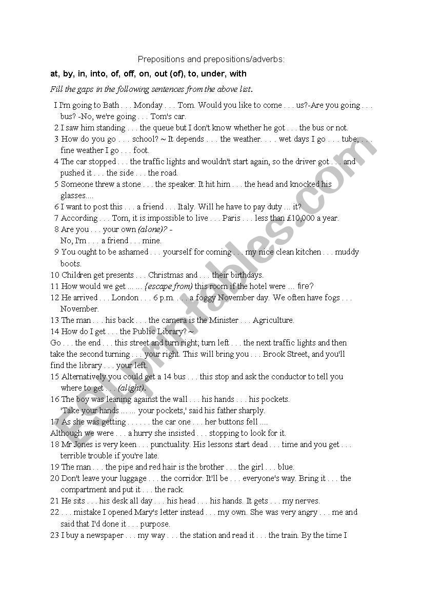 Prepositions and adverbs worksheet
