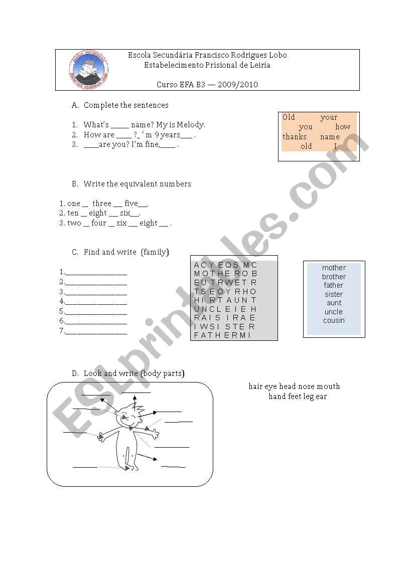 diagnostic test worksheet