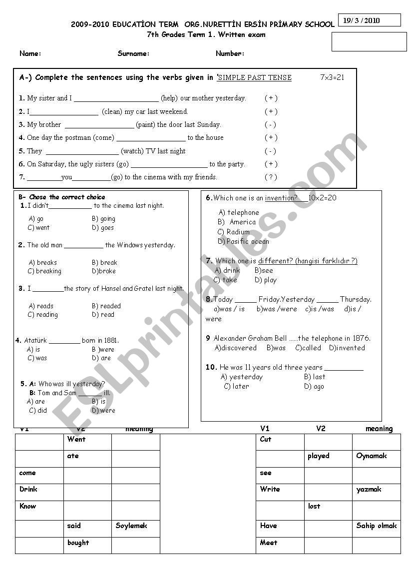 7.GRADES 2.TERM 1. WRTTEN EXAM