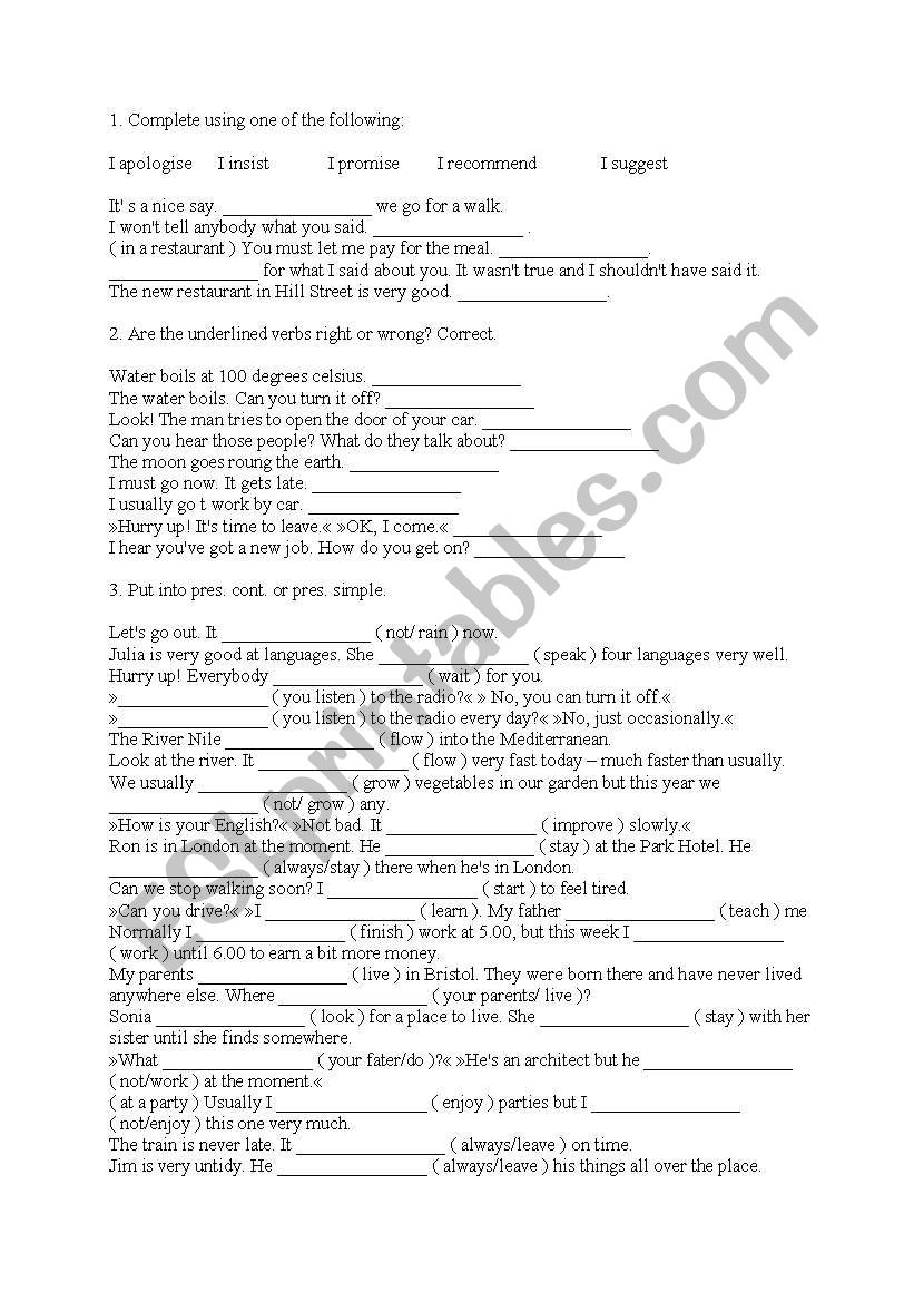 tenses, reading worksheet