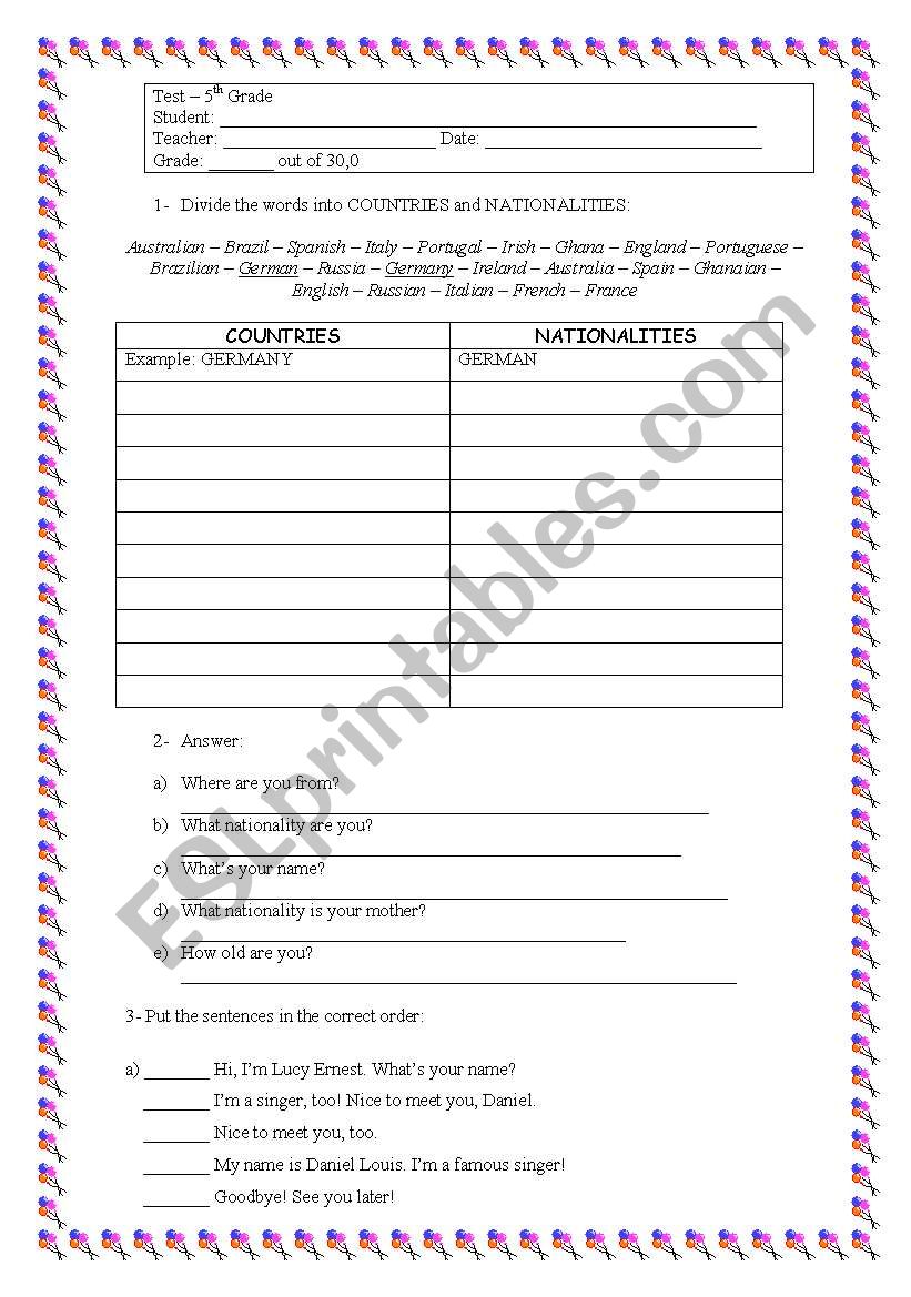 Test for beginners worksheet