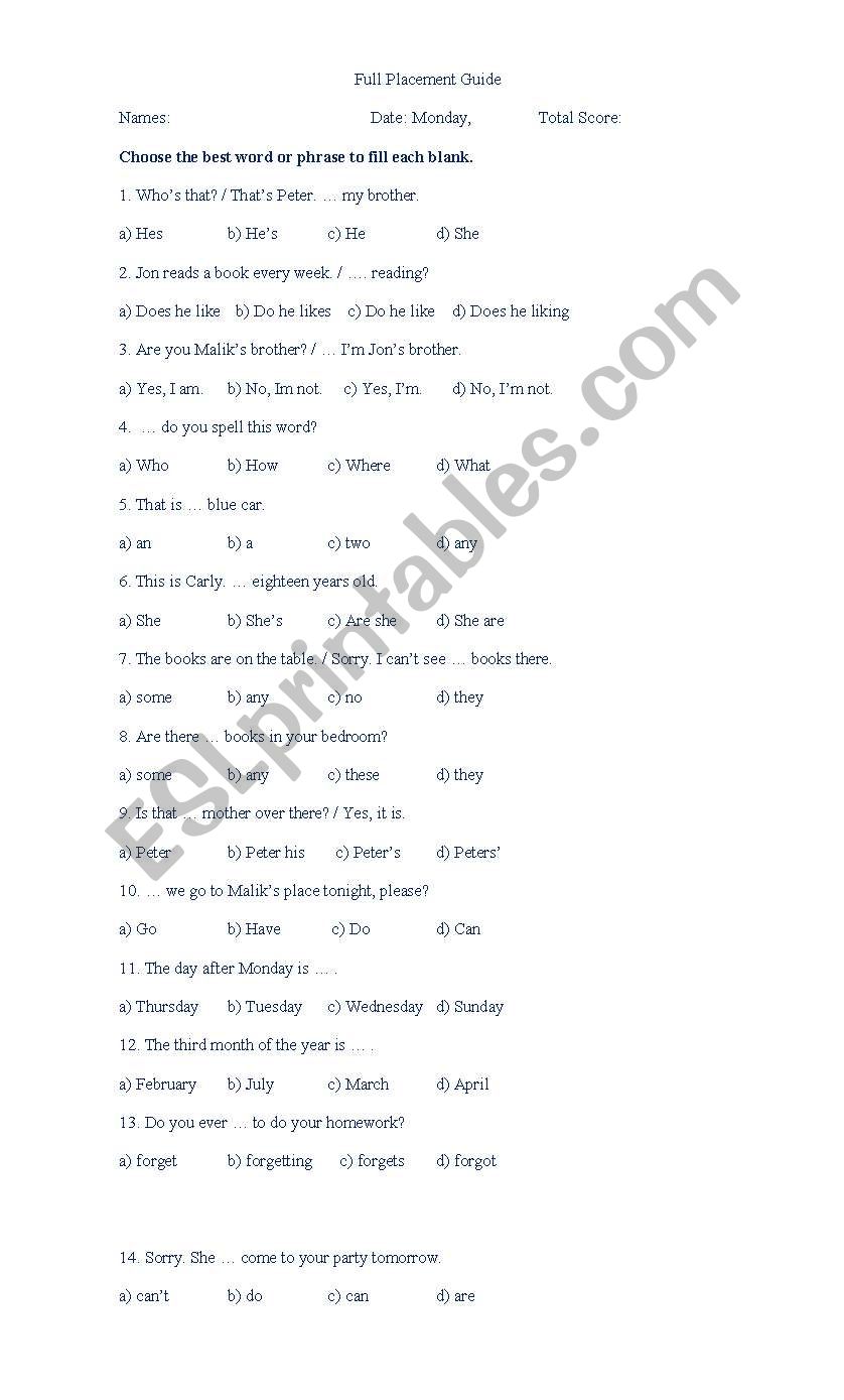 full placement  worksheet