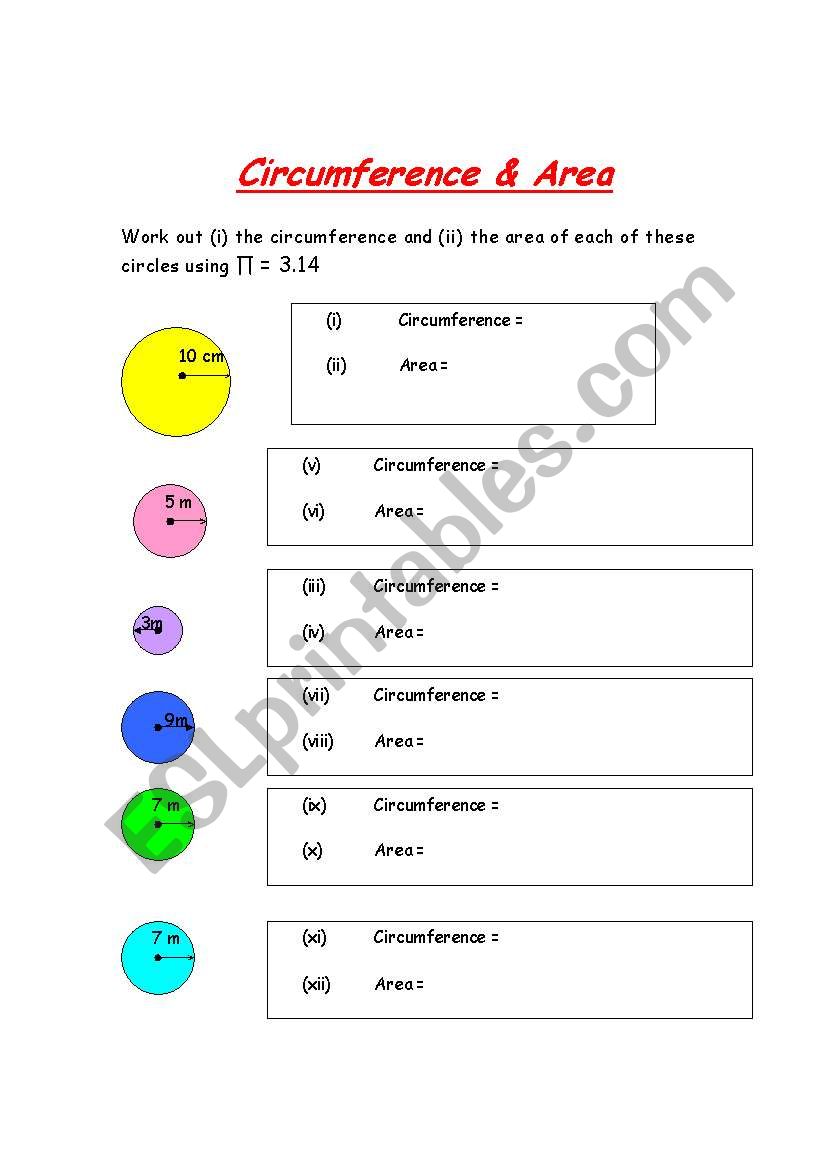 Circumference and Area worksheet